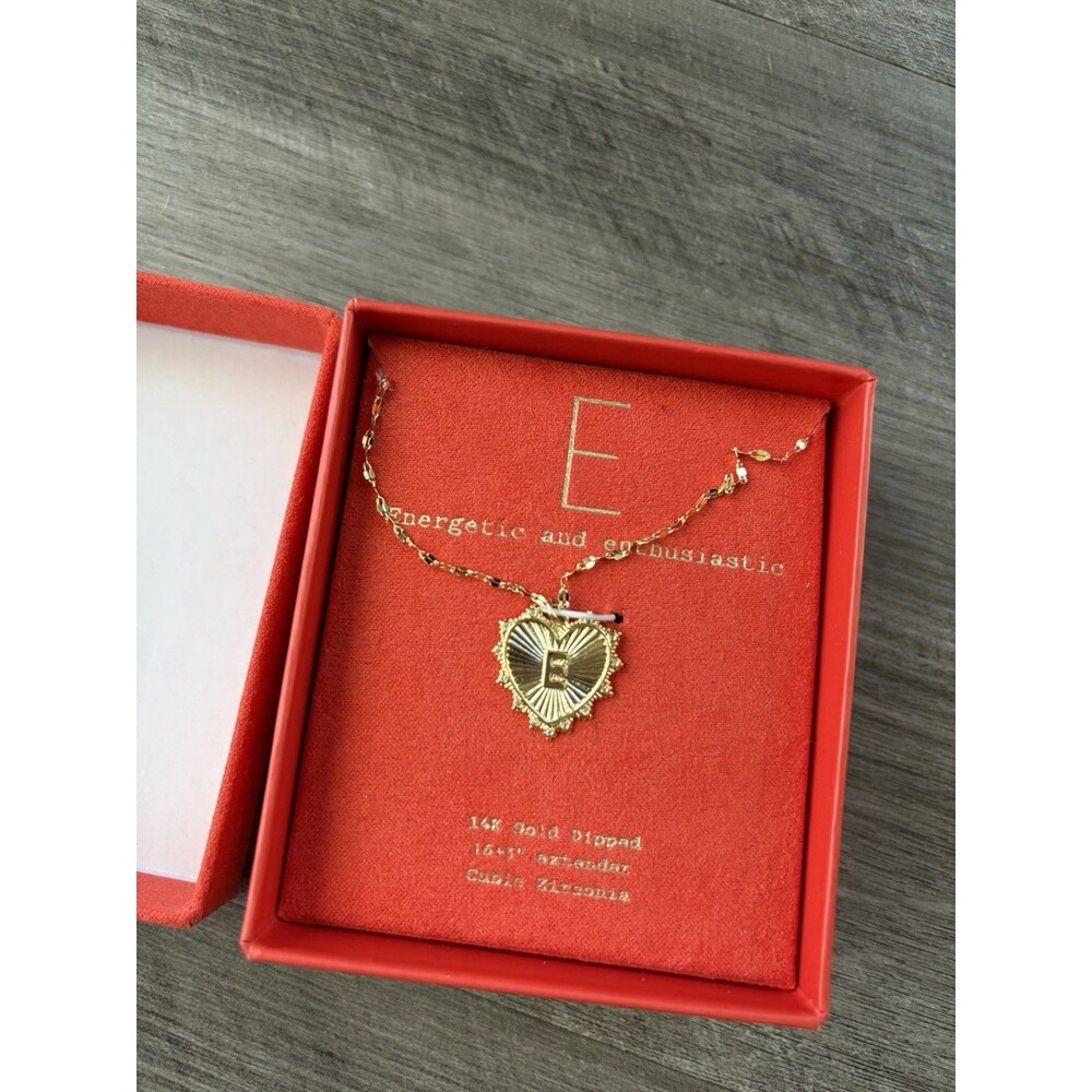 14K Gold Dipped Initial Letter E Heart Necklace Cubic Zirconia Sunburst A New Da